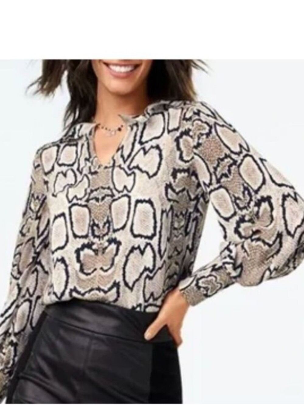 CAbi Snake-Print Long Sleeve Blouse in Beige and Black